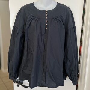 J.CREW Black Shirred Popover Top in Cotton Poplin XL